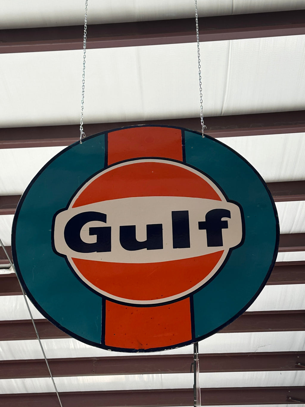 1966 36" Le Mans Style Gulf Double Sided Porcelain Sign