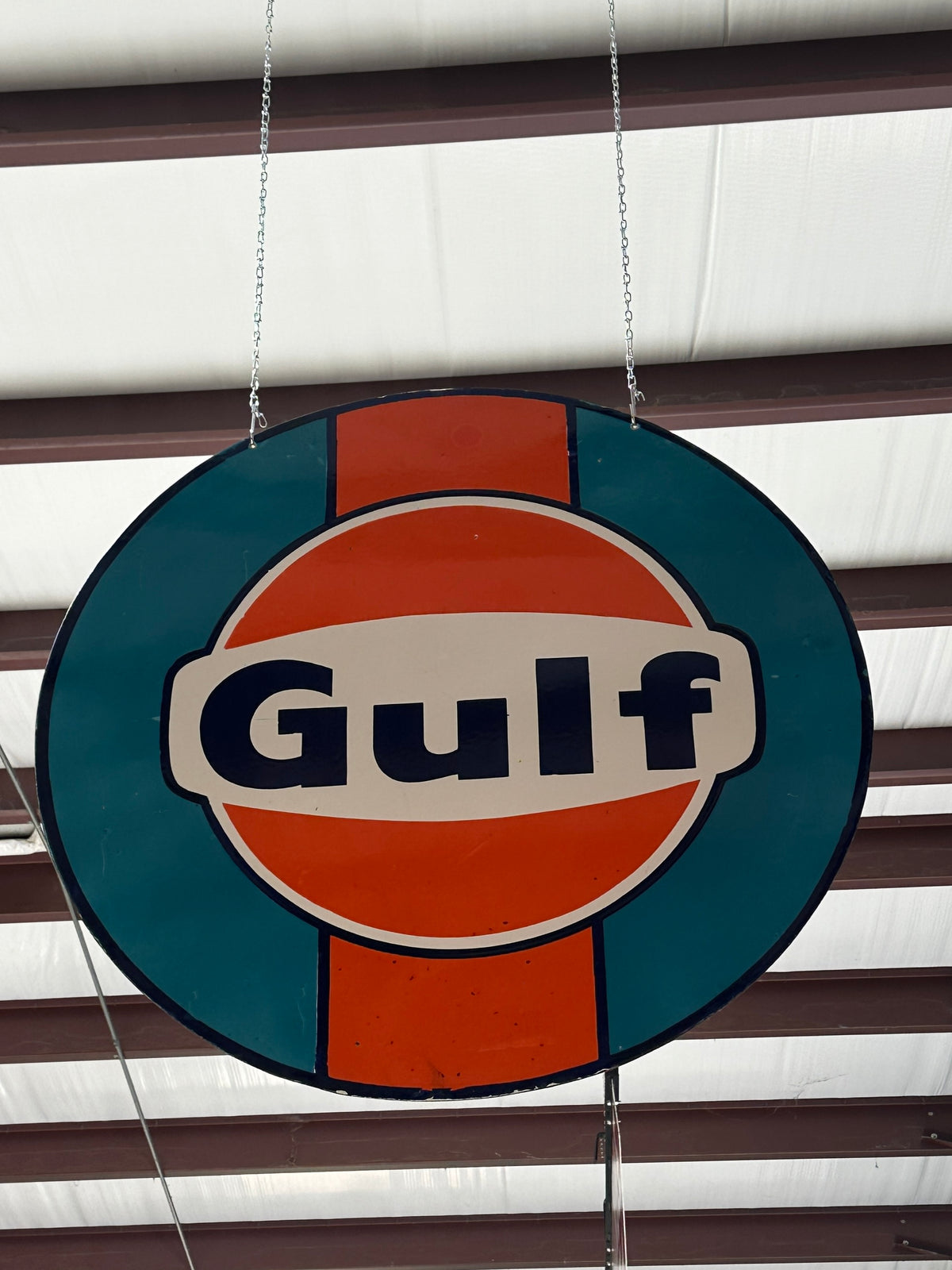 1966 36" Le Mans Style Gulf Double Sided Porcelain Sign