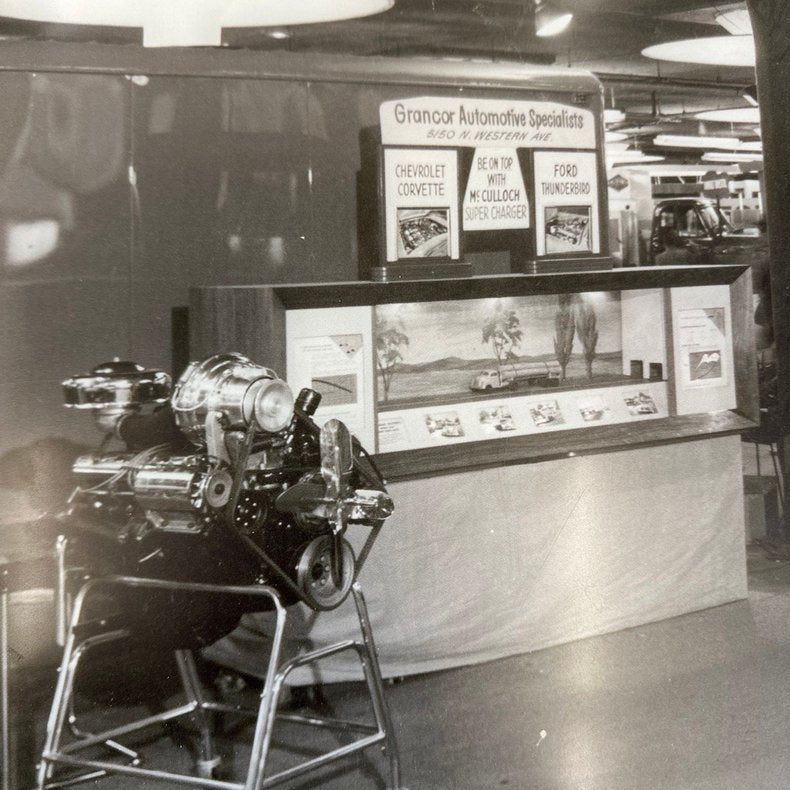 1950s Grancor Speed Shop & McCulloch Superchargers Hot Rod Show Photo – 22" × 18"