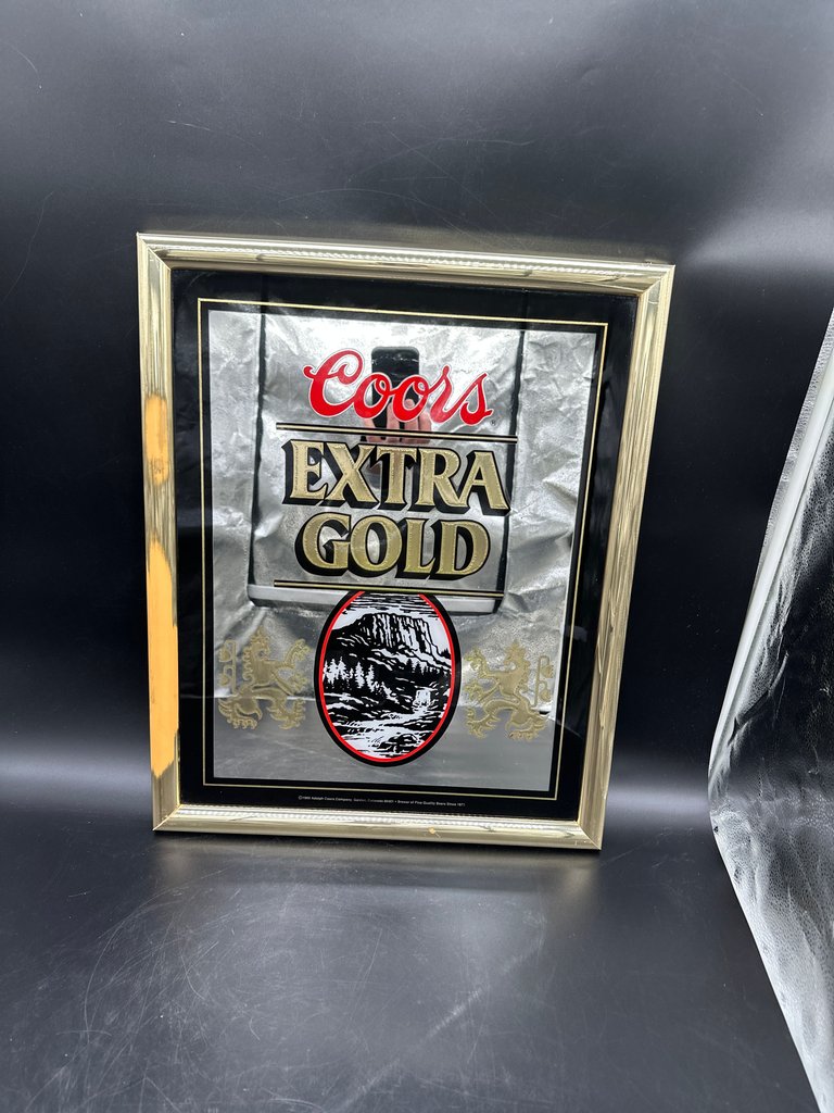 Vintage 1988 Coors Extra Gold Beer Mirrored Bar Sign Framed Man Cave Wall Decor