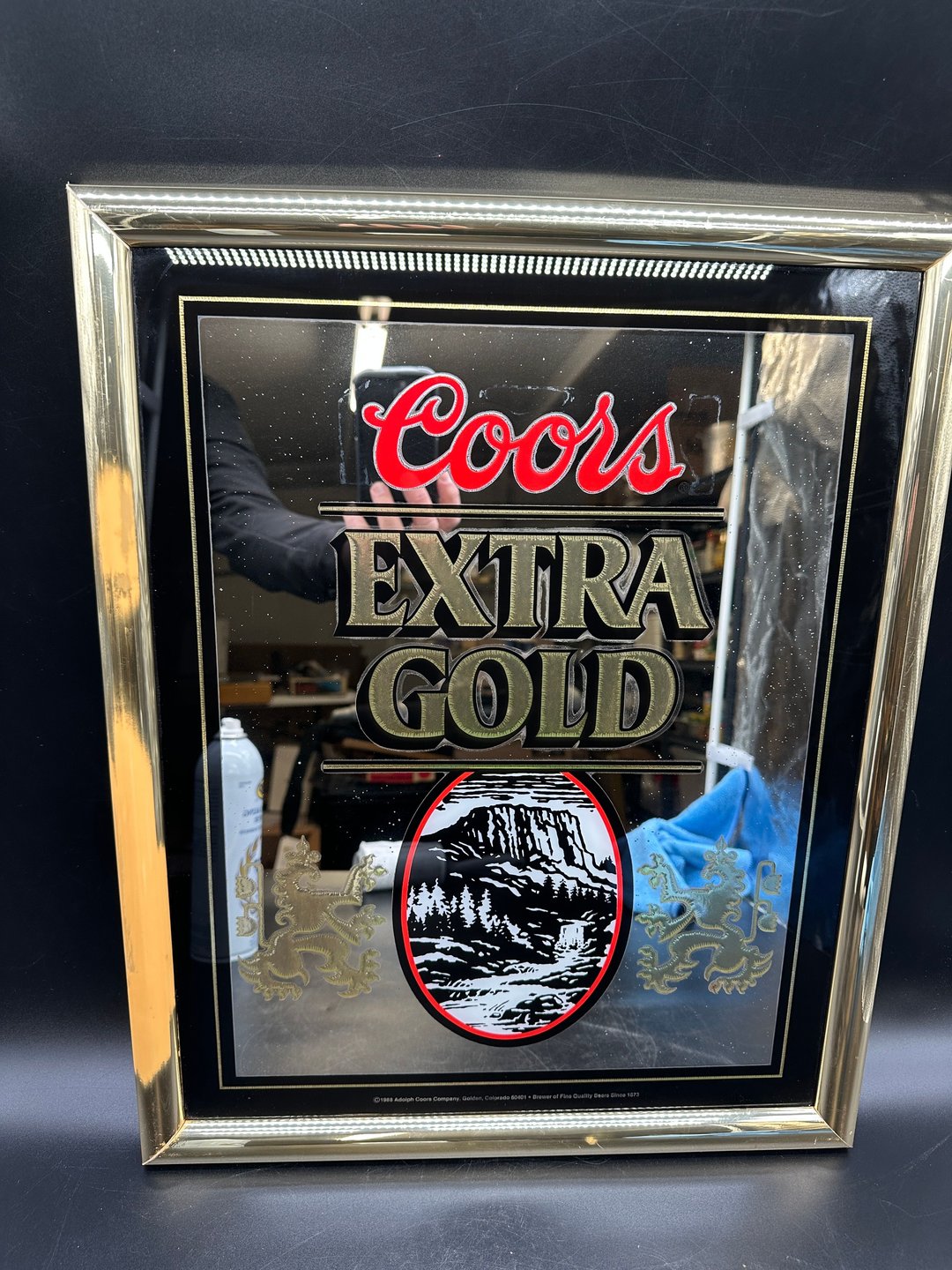 Vintage 1988 Coors Extra Gold Beer Mirrored Bar Sign Framed Man Cave Wall Decor