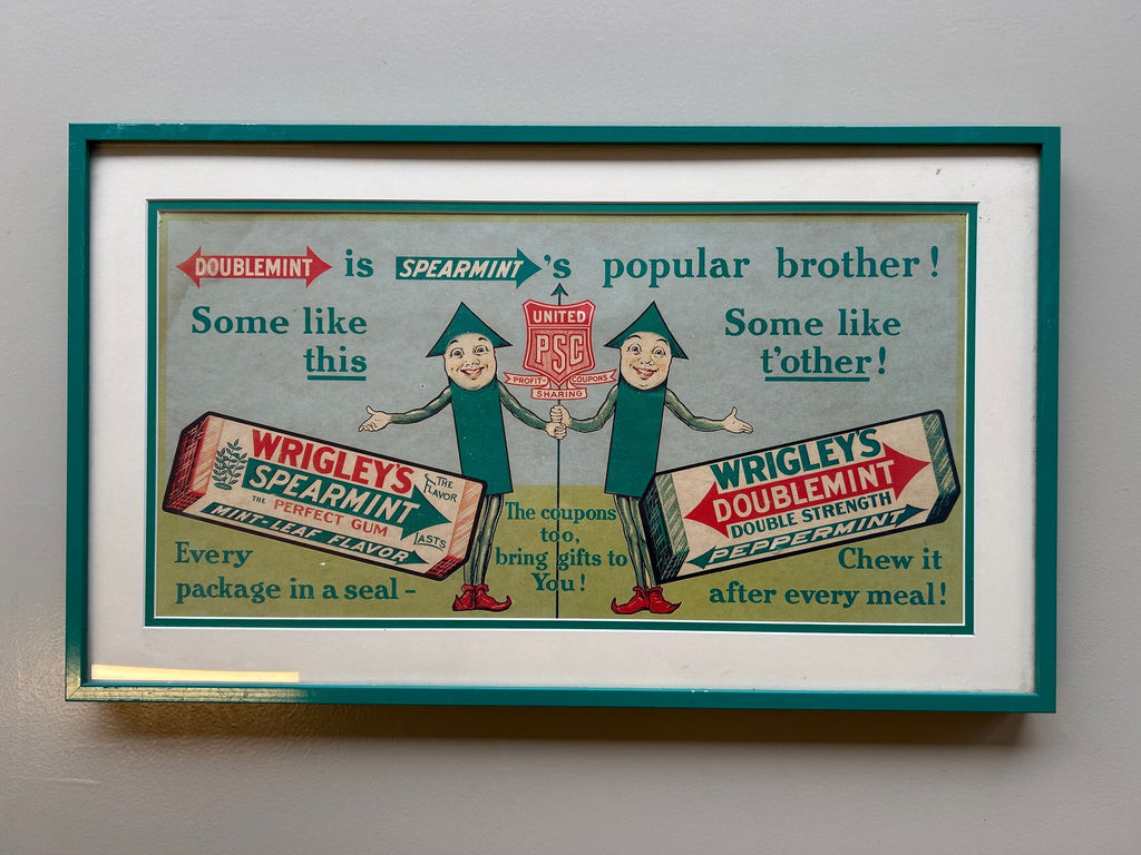 Vintage 1915 Wrigley's Spearmint Doublemint Chewing Gum Trolley Card Sign