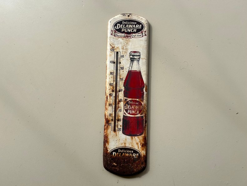 Vintage Delaware Punch Tin Advertising Thermometer Sign 27"x7"