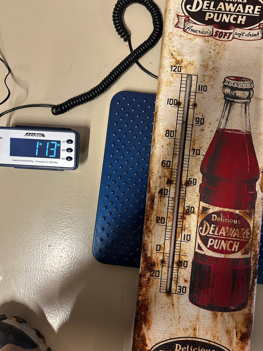 Vintage Delaware Punch Tin Advertising Thermometer Sign 27"x7"