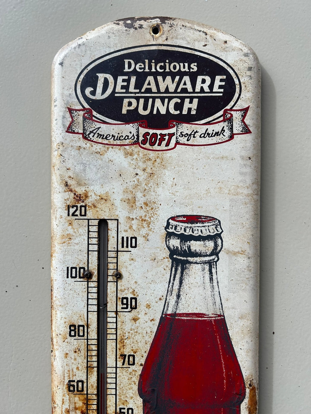 Vintage Delaware Punch Tin Advertising Thermometer Sign 27"x7"