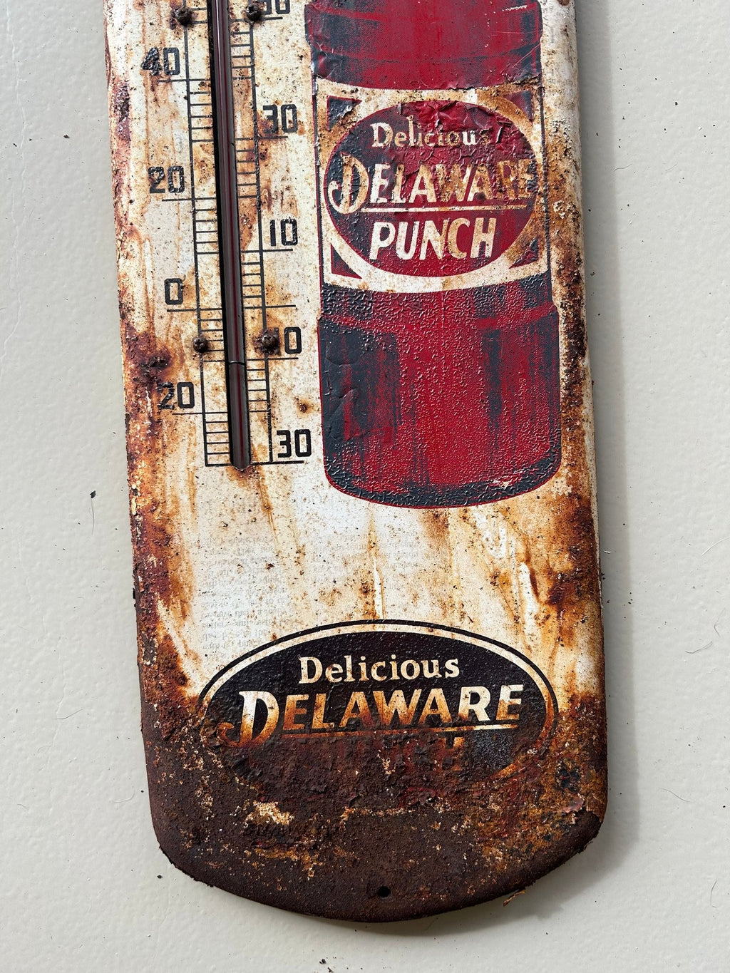 Vintage Delaware Punch Tin Advertising Thermometer Sign 27"x7"