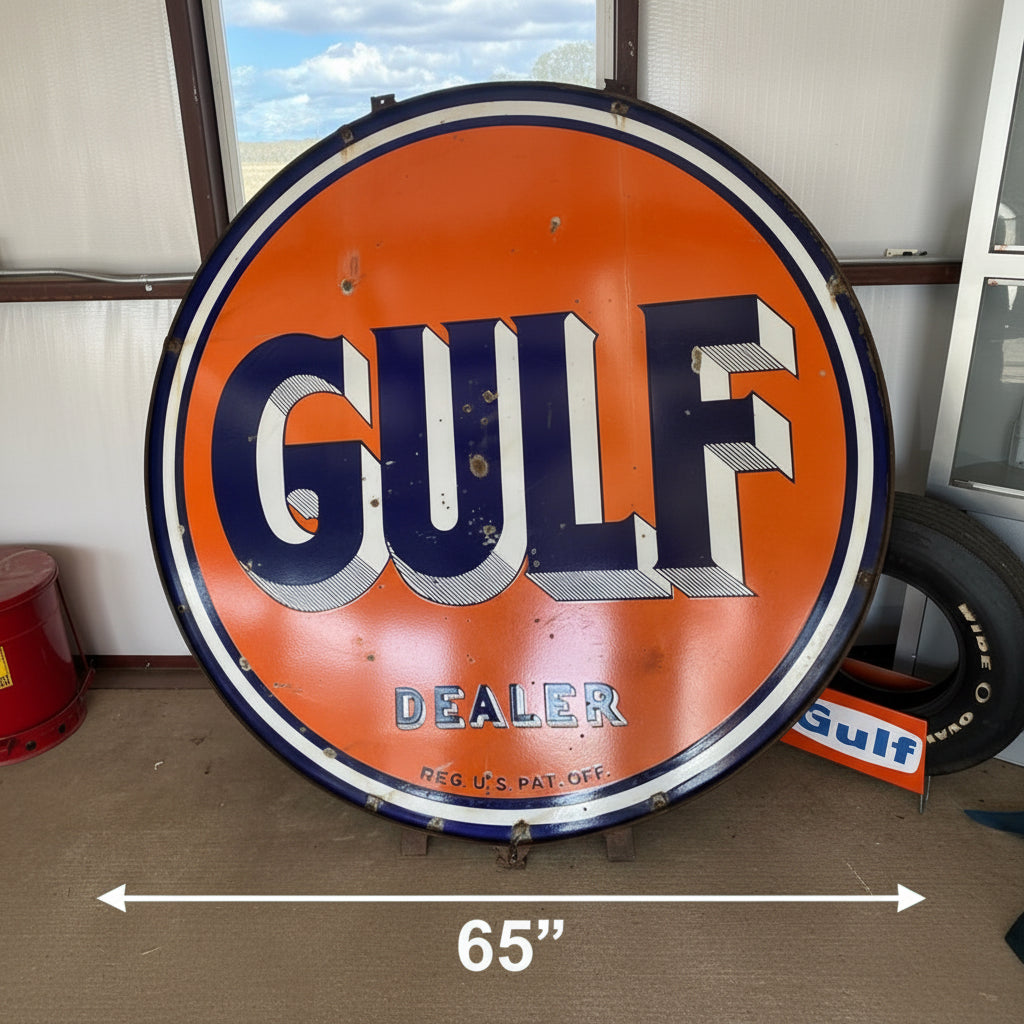 65" Original Gulf Dealer Double Sided Porcelain Sign with Metal Frame