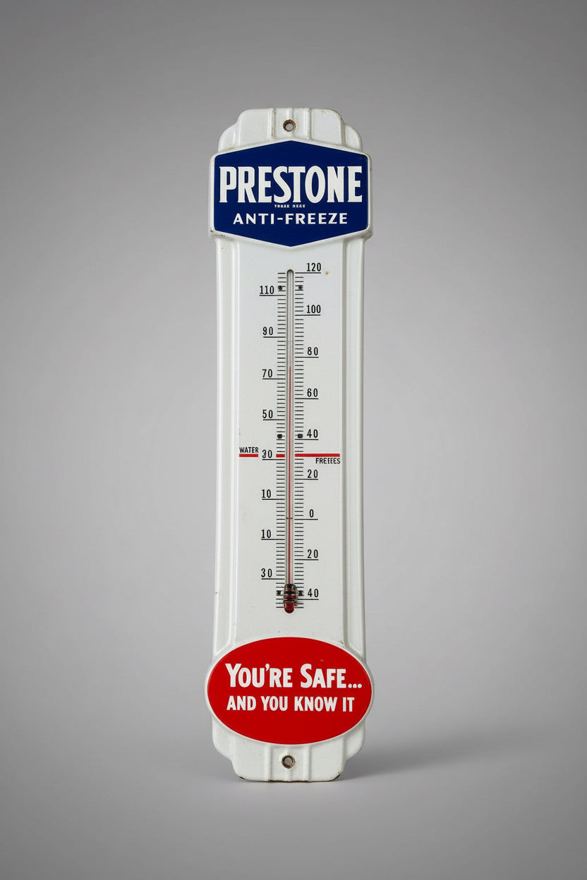 Prestone Anti-Freeze "You're Safe and You Know It" Porcelain Thermometer Sign