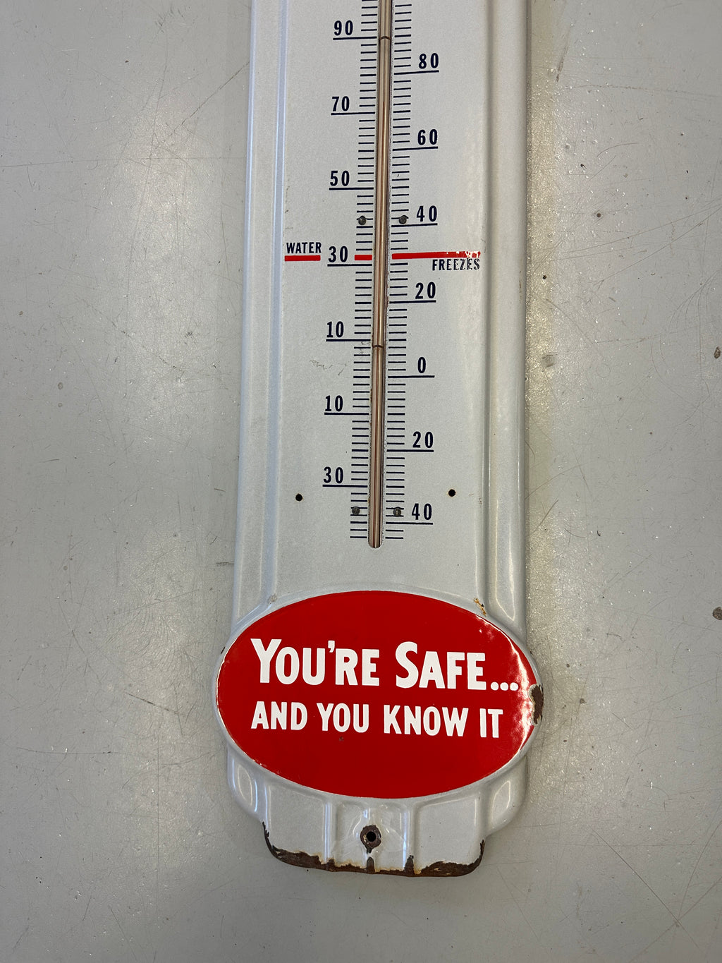 Prestone Anti-Freeze "You're Safe and You Know It" Porcelain Thermometer Sign