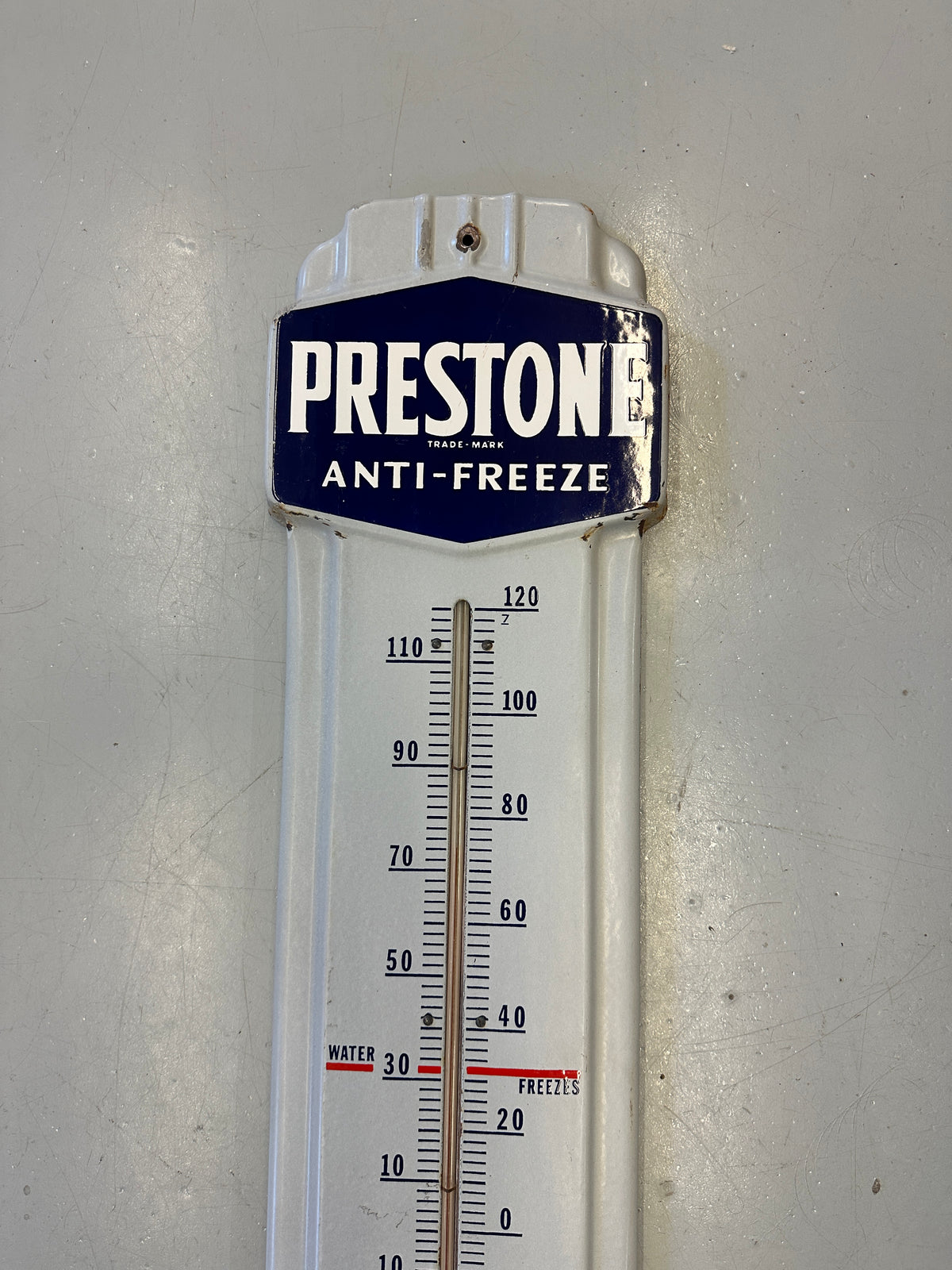 Prestone Anti-Freeze "You're Safe and You Know It" Porcelain Thermometer Sign