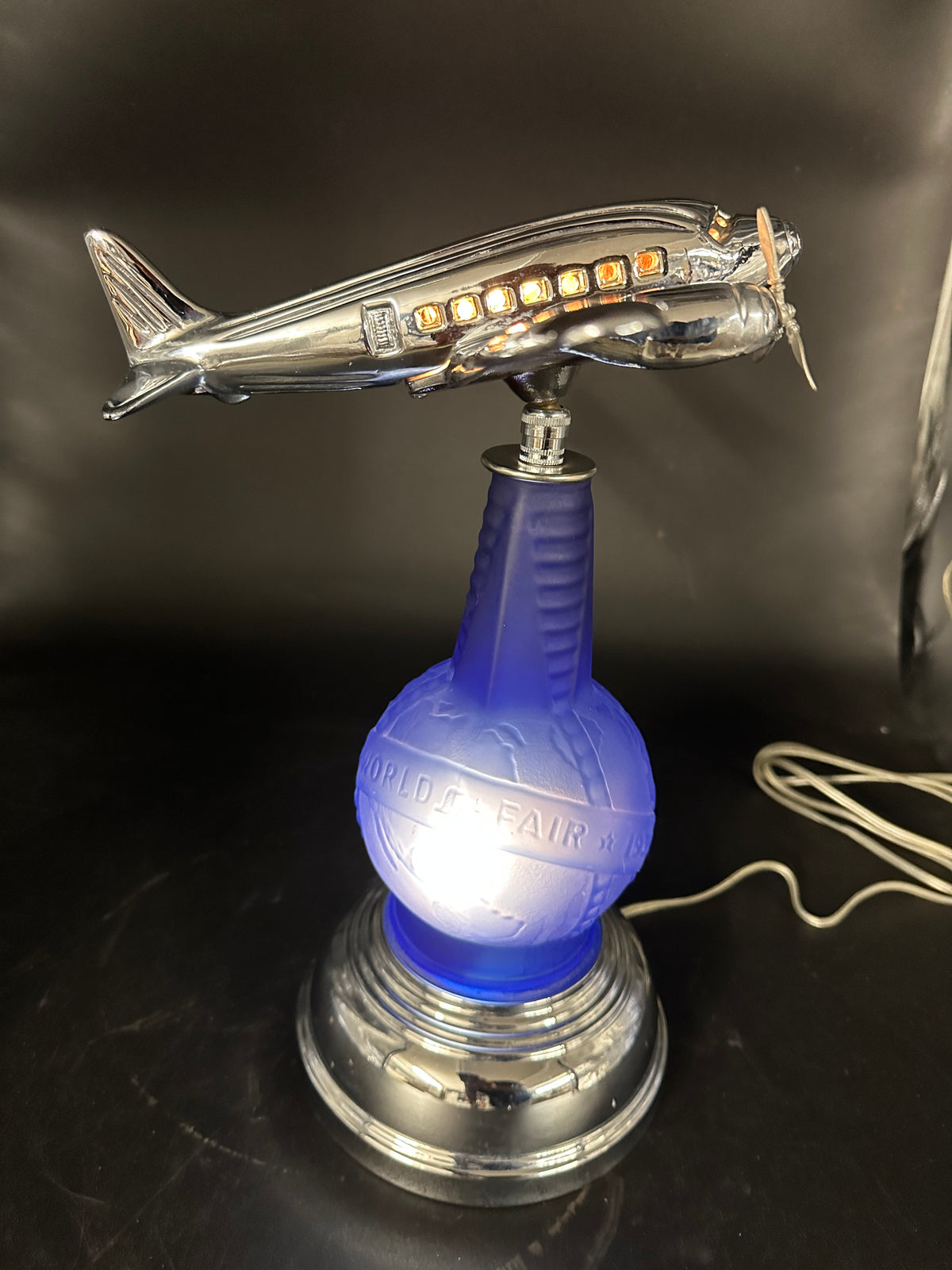 1980s Derico / Sarsaparilla Art Deco Design 1939 World's Fair DC-3 Bottle Lamp — Blue