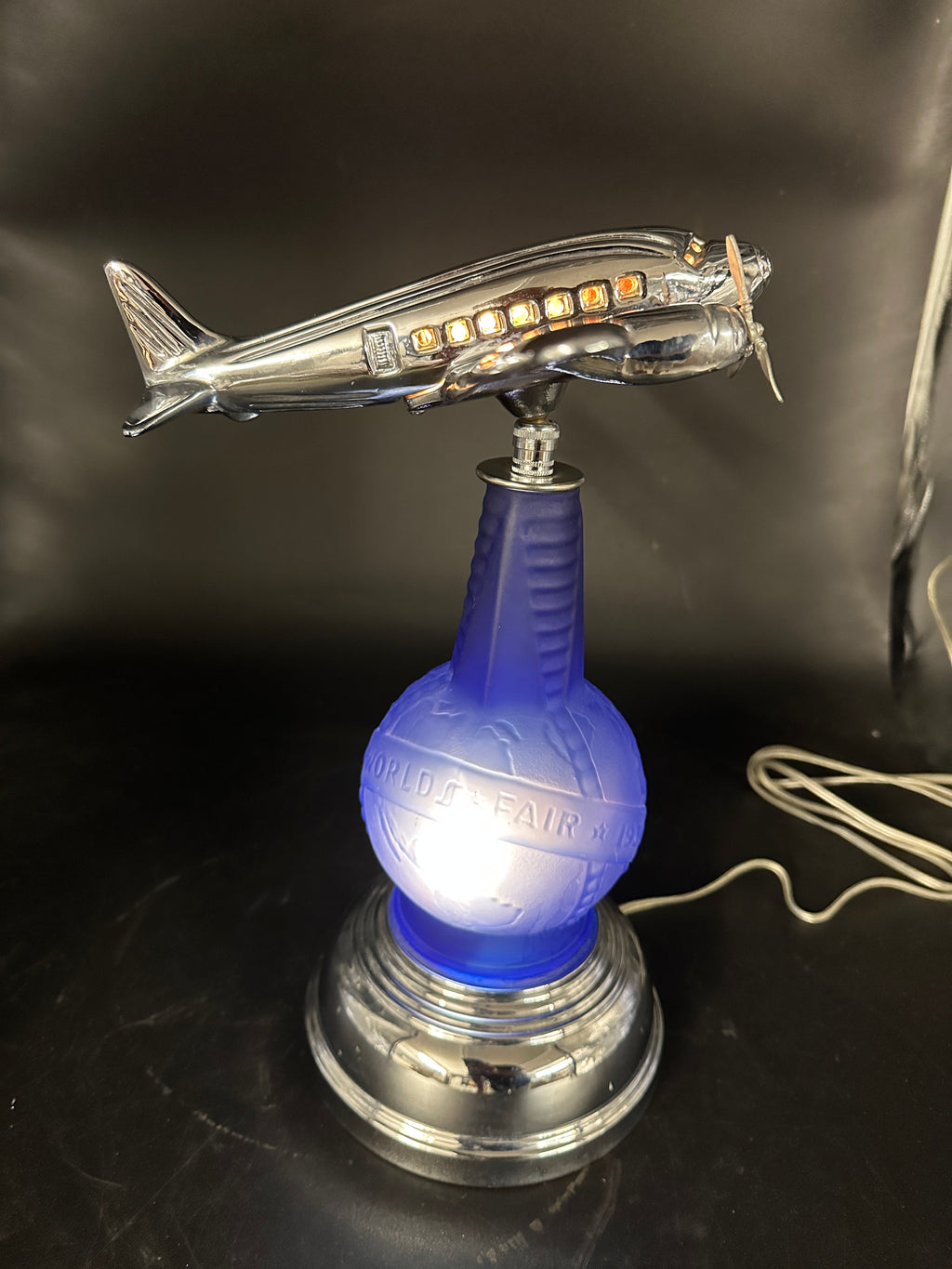 1980s Derico / Sarsaparilla Art Deco Design 1939 World's Fair DC-3 Bottle Lamp — Blue
