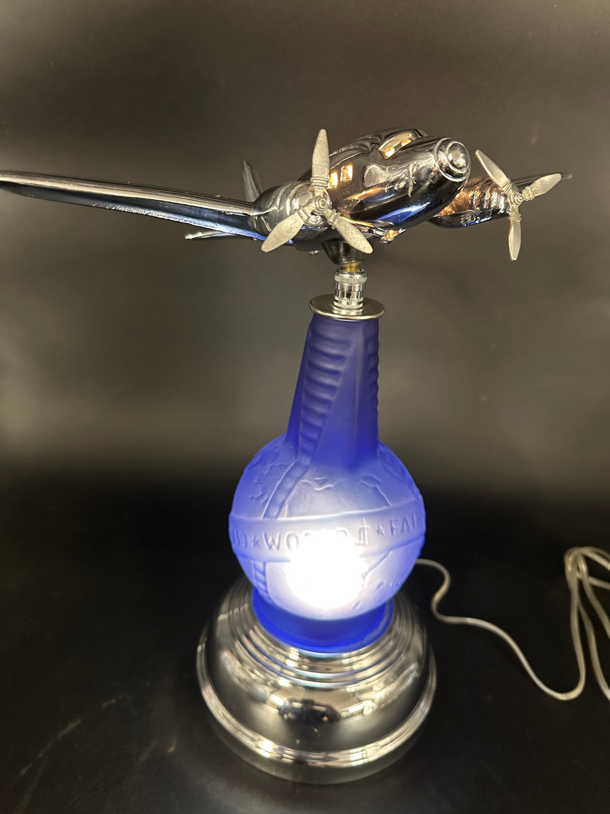 1980s Derico / Sarsaparilla Art Deco Design 1939 World's Fair DC-3 Bottle Lamp — Blue