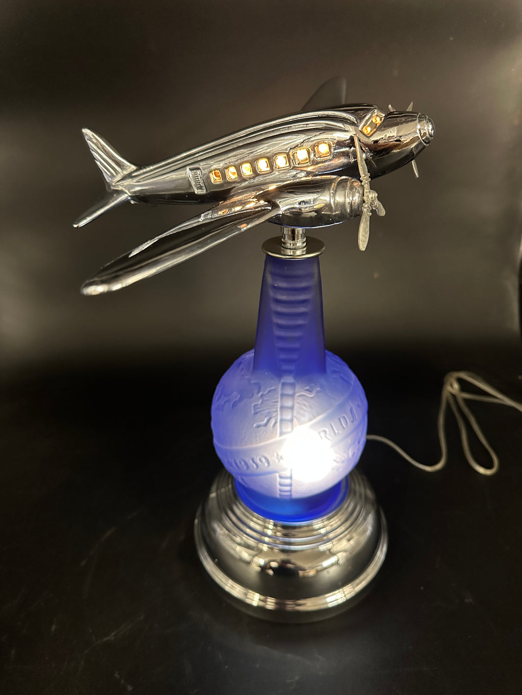 1980s Derico / Sarsaparilla Art Deco Design 1939 World's Fair DC-3 Bottle Lamp — Blue