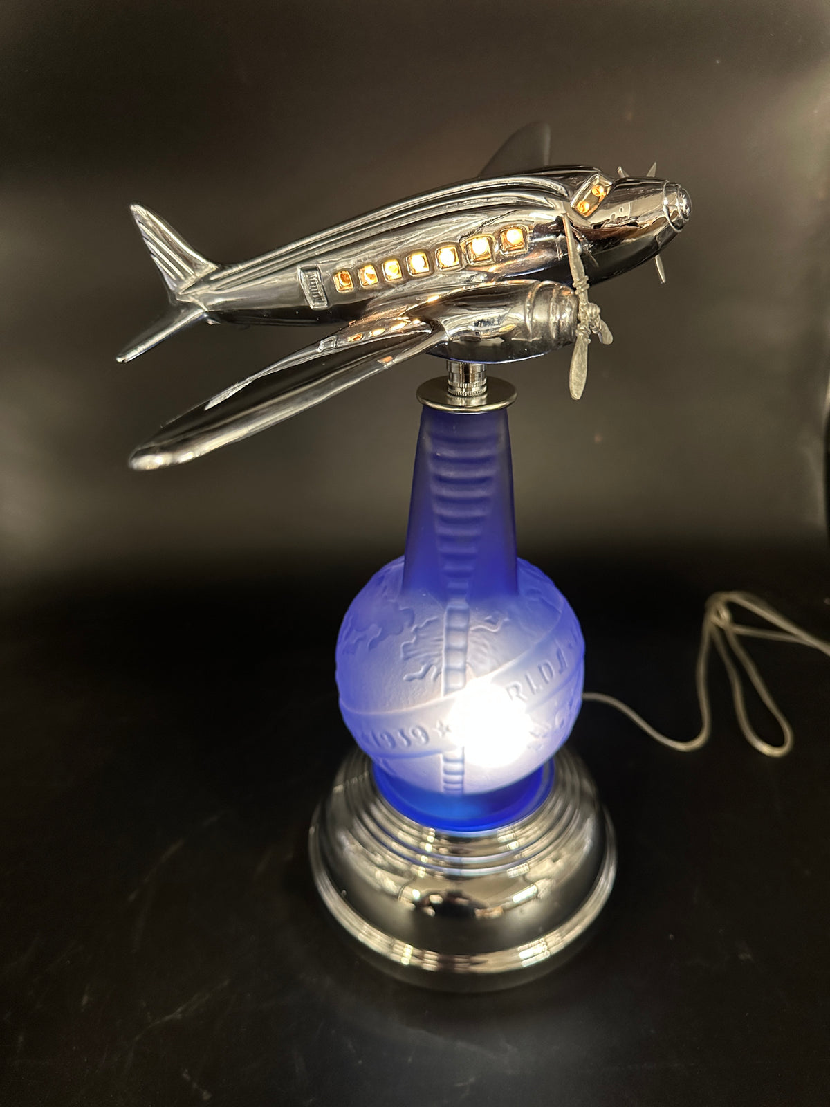 1980s Derico / Sarsaparilla Art Deco Design 1939 World's Fair DC-3 Bottle Lamp — Blue