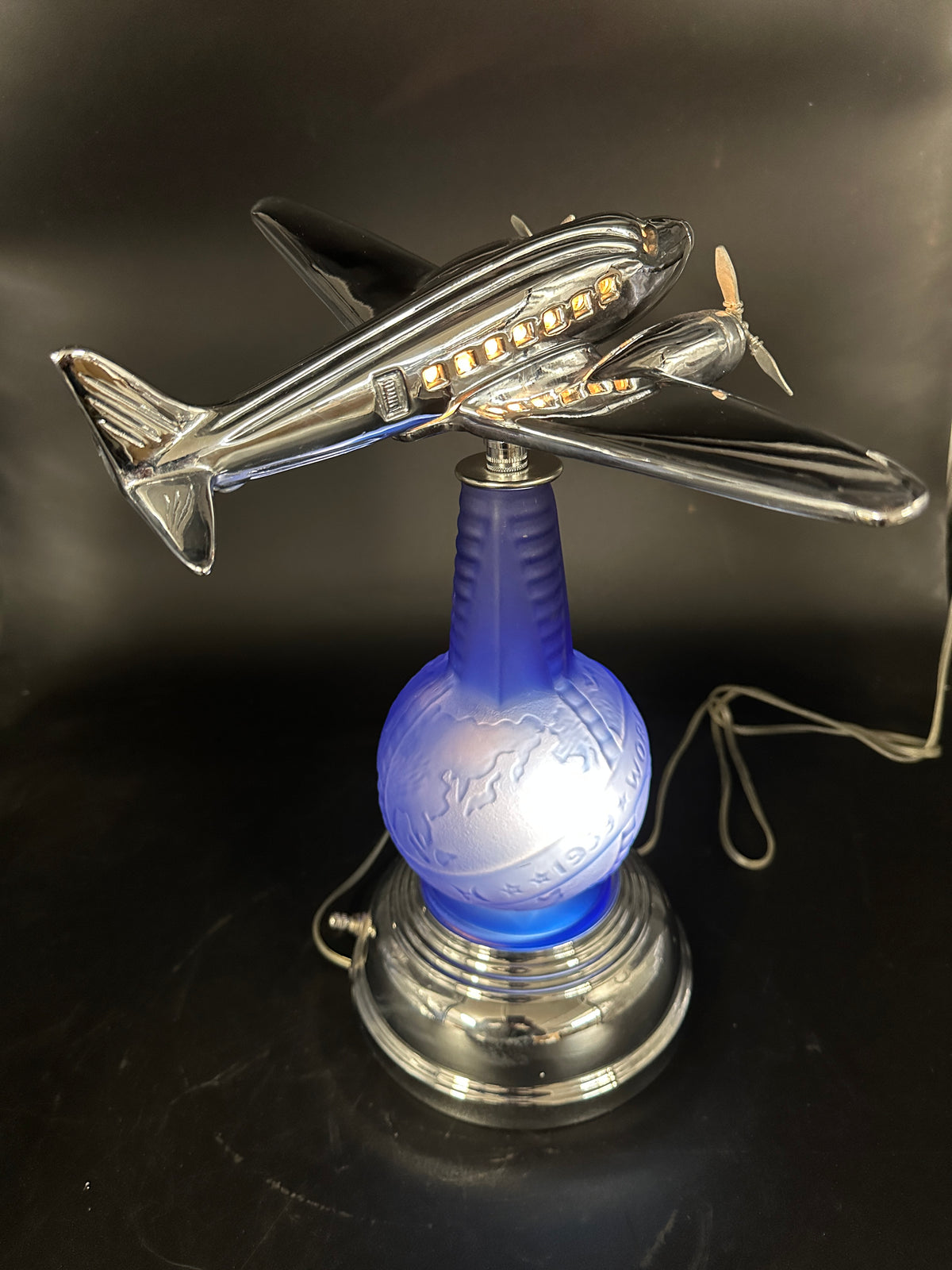 1980s Derico / Sarsaparilla Art Deco Design 1939 World's Fair DC-3 Bottle Lamp — Blue