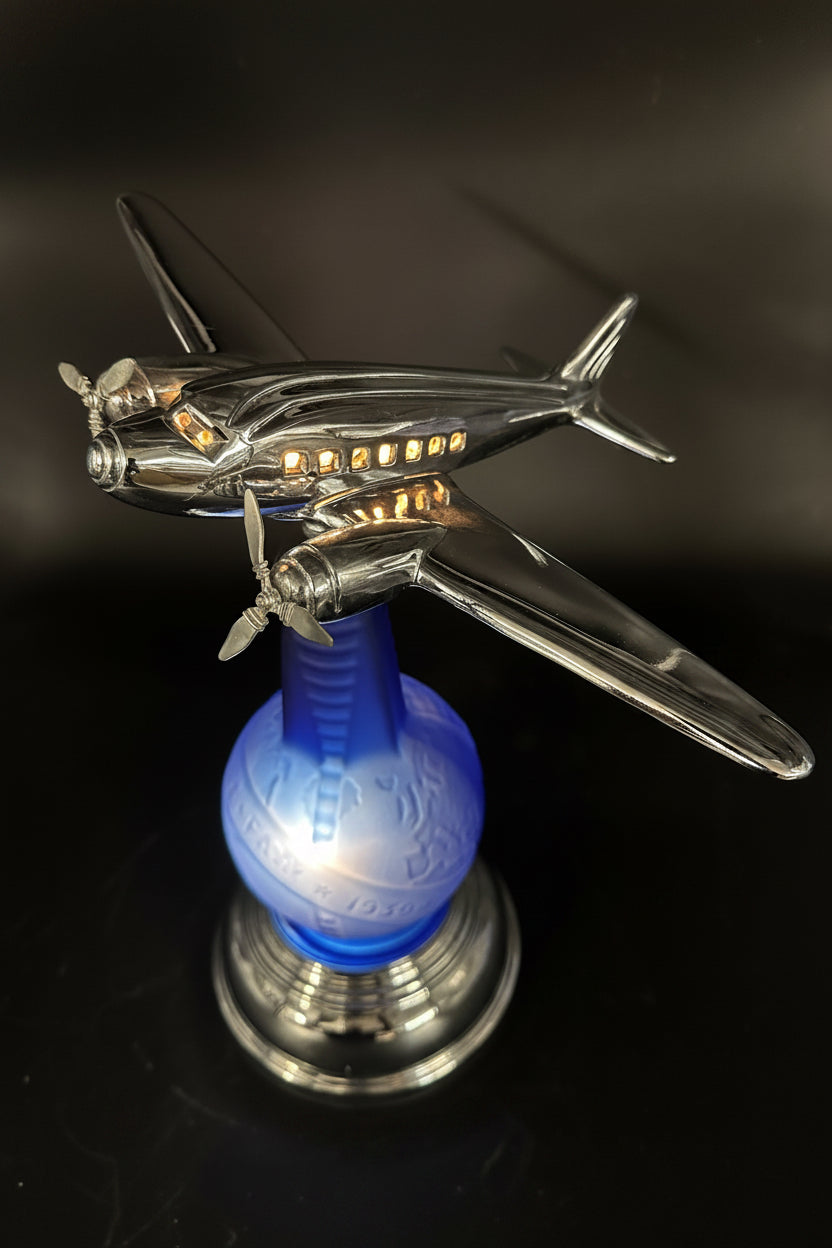 1980s Derico / Sarsaparilla Art Deco Design 1939 World's Fair DC-3 Bottle Lamp — Blue