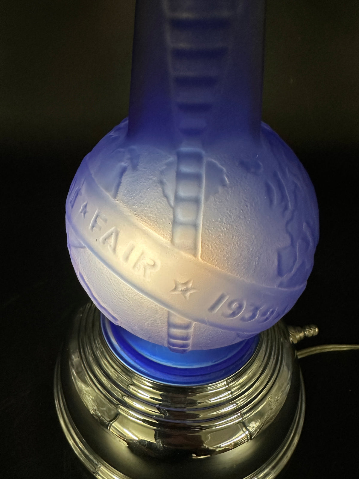 1980s Derico / Sarsaparilla Art Deco Design 1939 World's Fair DC-3 Bottle Lamp — Blue