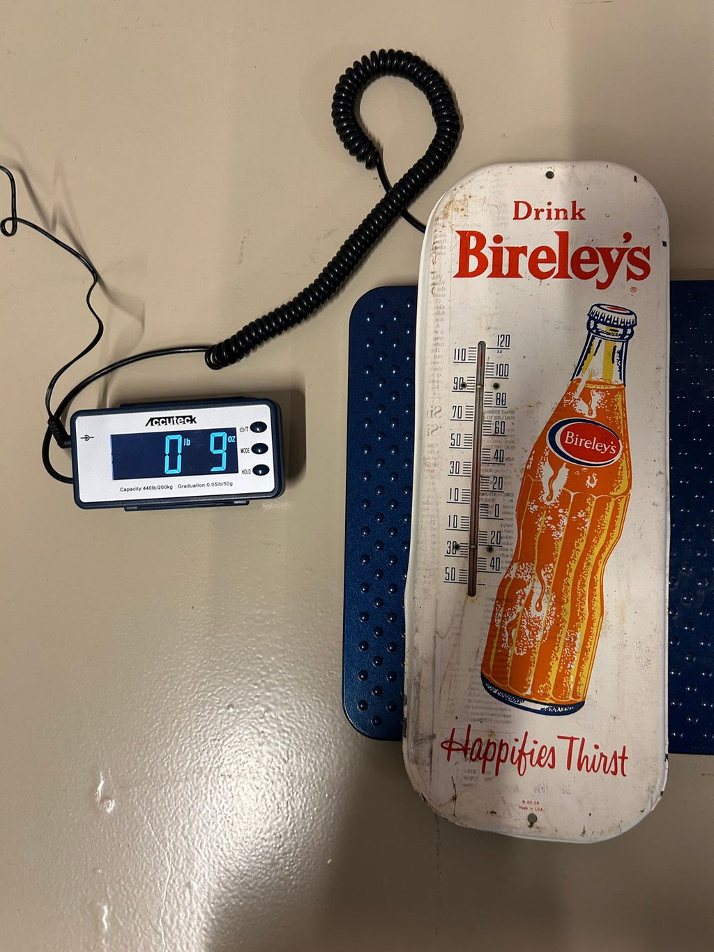 BIRELEY'S TIN Thermometer sign DATED 1959 16" x 6"