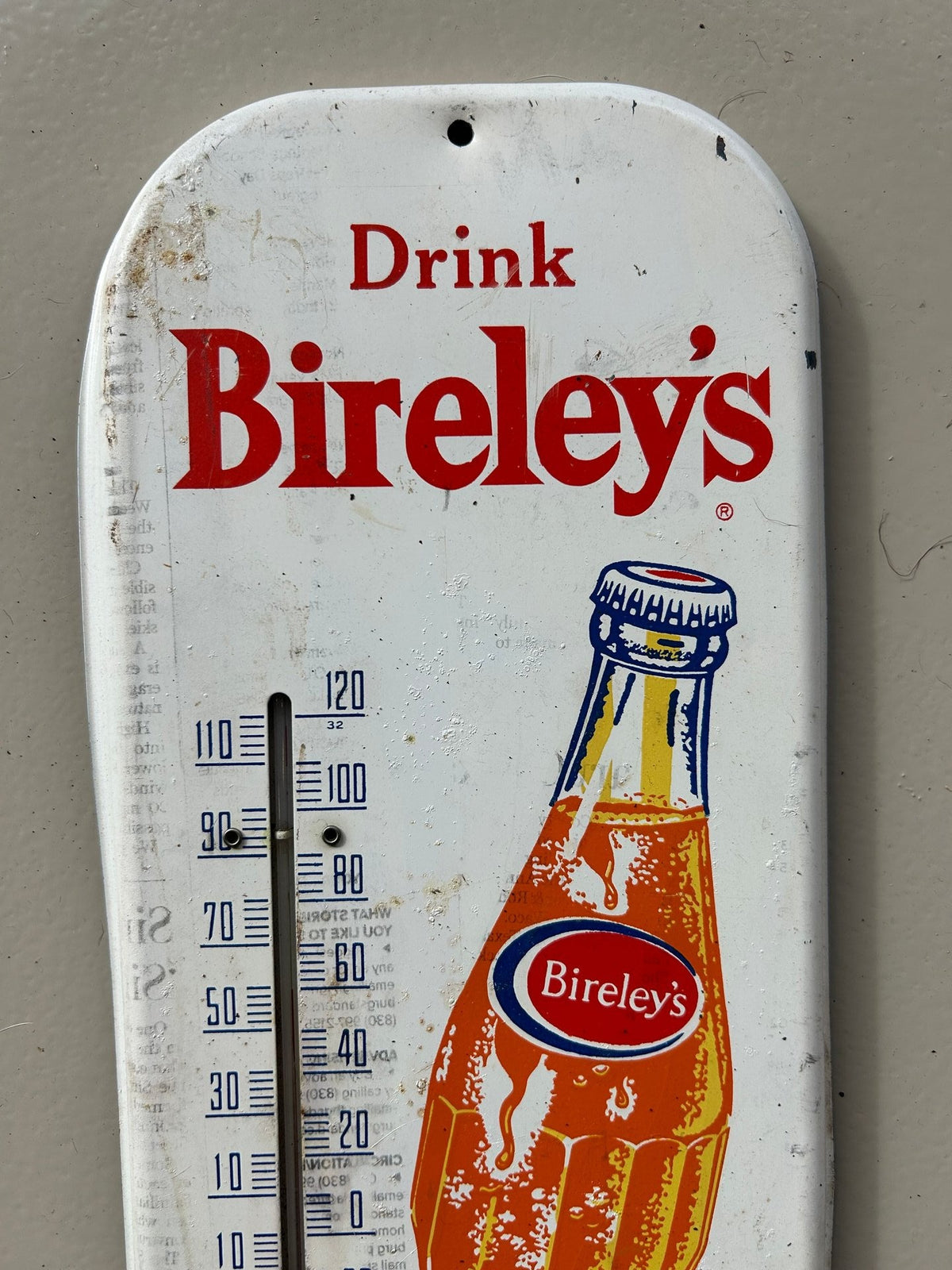 BIRELEY'S TIN Thermometer sign DATED 1959 16" x 6"