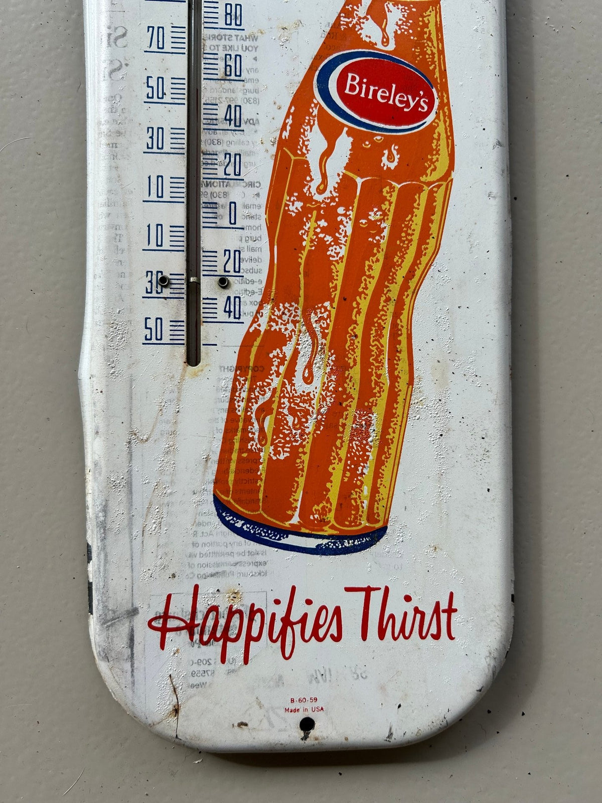 BIRELEY'S TIN Thermometer sign DATED 1959 16" x 6"