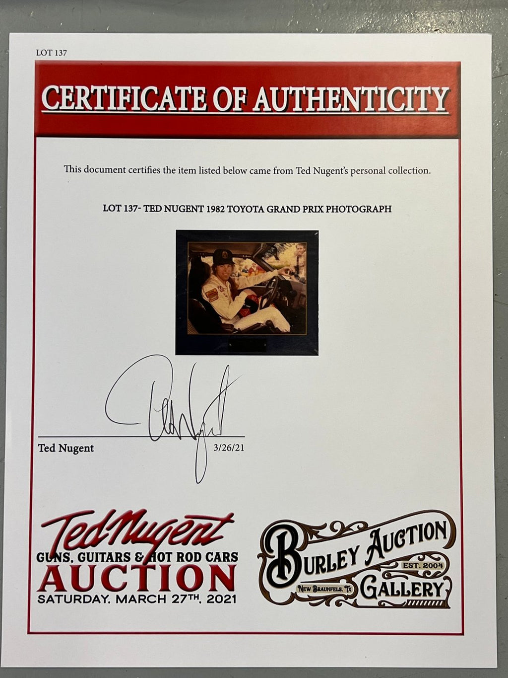1982 Ted Nugent Toyota Grand Prix Autographed Photograph