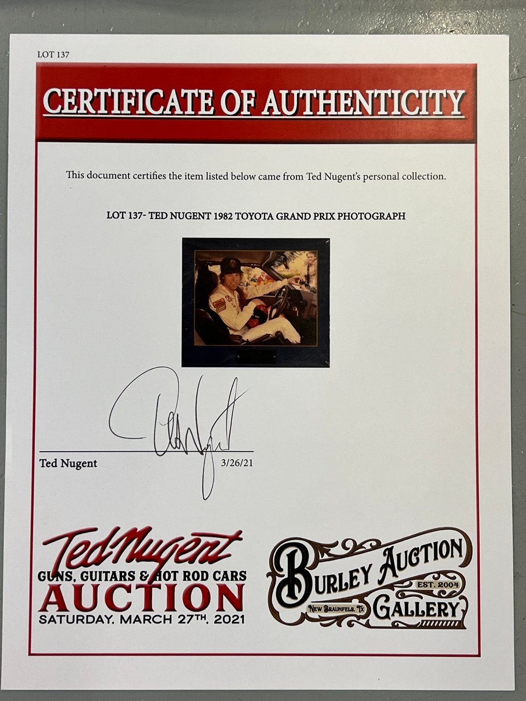 1982 Ted Nugent Toyota Grand Prix Autographed Photograph
