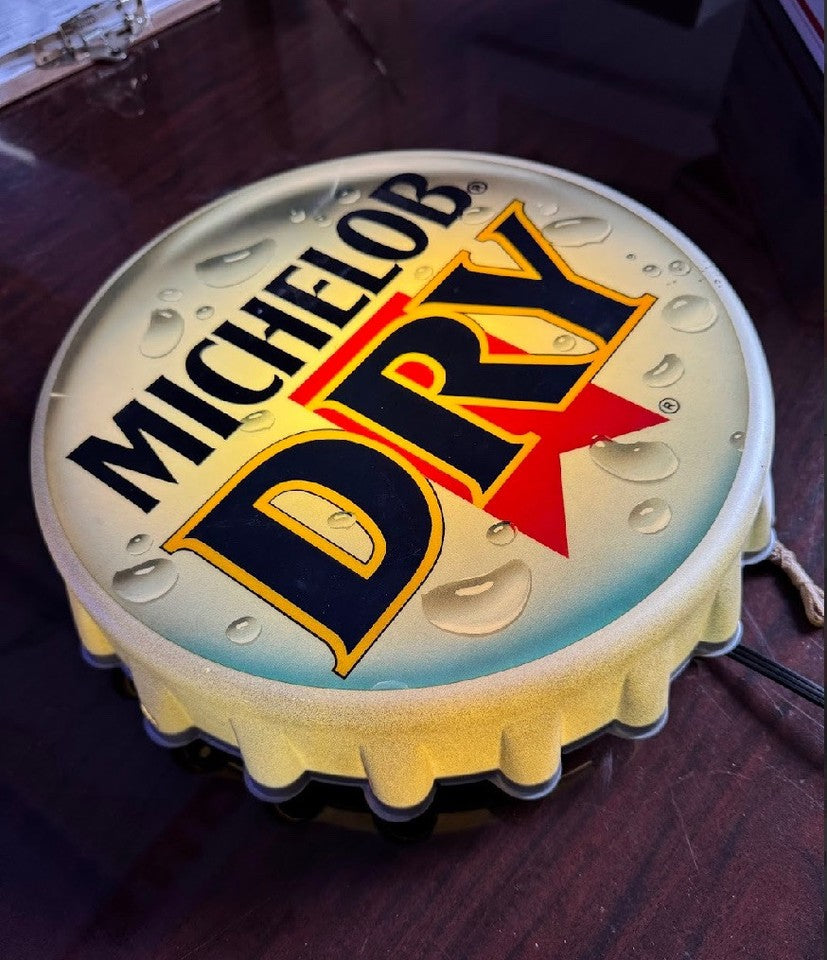 Vintage 1988 Michelob Dry Beer Bottle Cap Light Sign – 14" Round Wall Sign