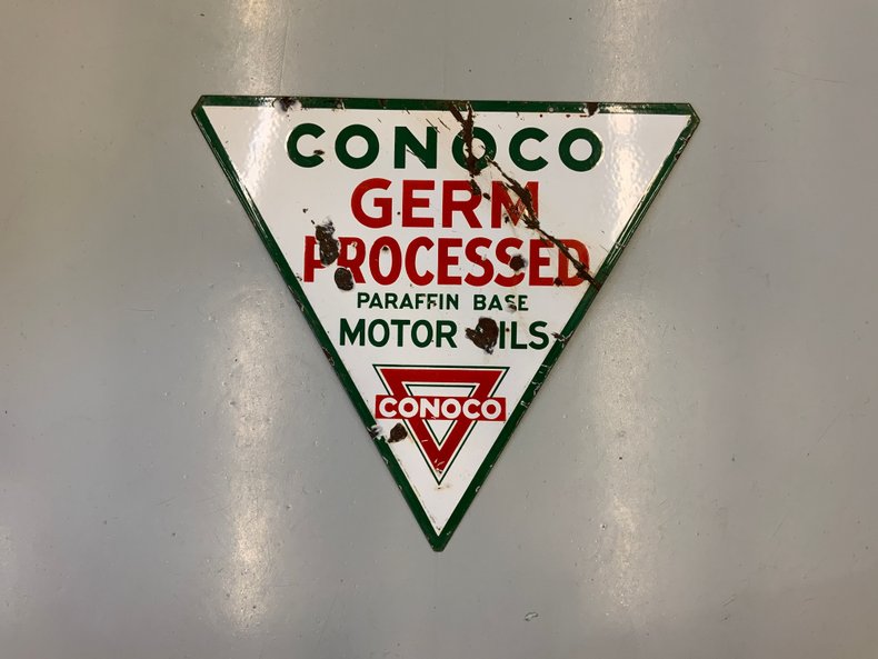 Conoco Germ Processed Paraffin Base Motor Oil Double-Sided Porcelain Sign