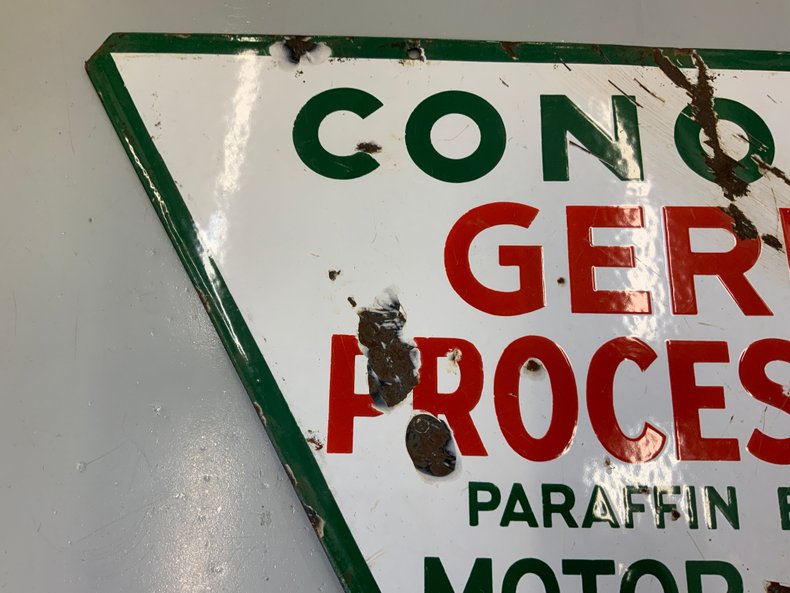 Conoco Germ Processed Paraffin Base Motor Oil Double-Sided Porcelain Sign