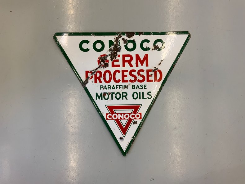 Conoco Germ Processed Paraffin Base Motor Oil Double-Sided Porcelain Sign