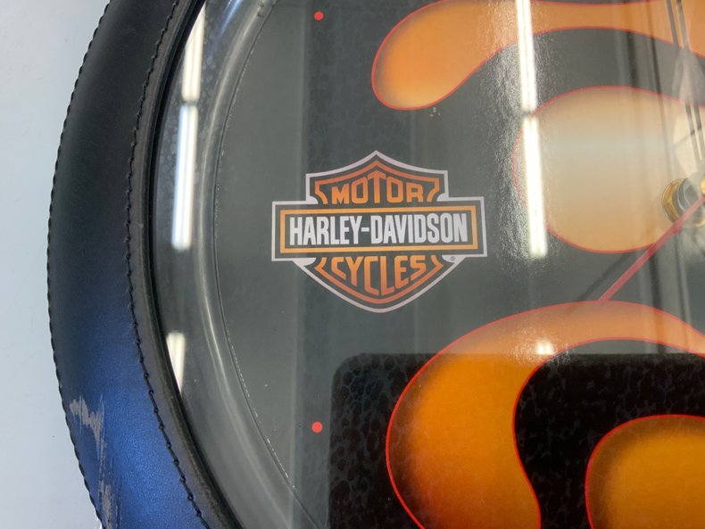Harley-Davidson Black Flames & Orange Wall Clock with Leather-Style Trim