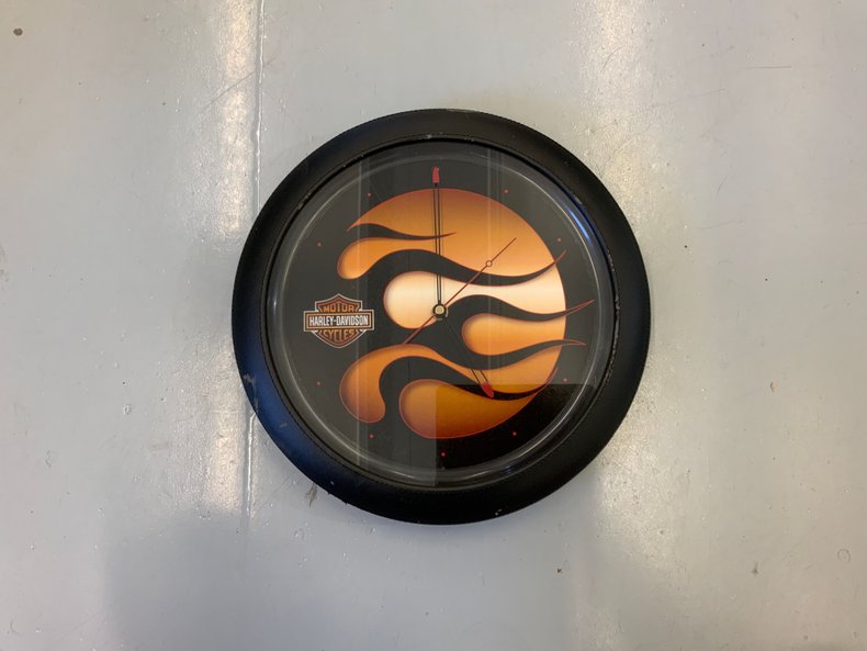Harley-Davidson Black Flames & Orange Wall Clock with Leather-Style Trim