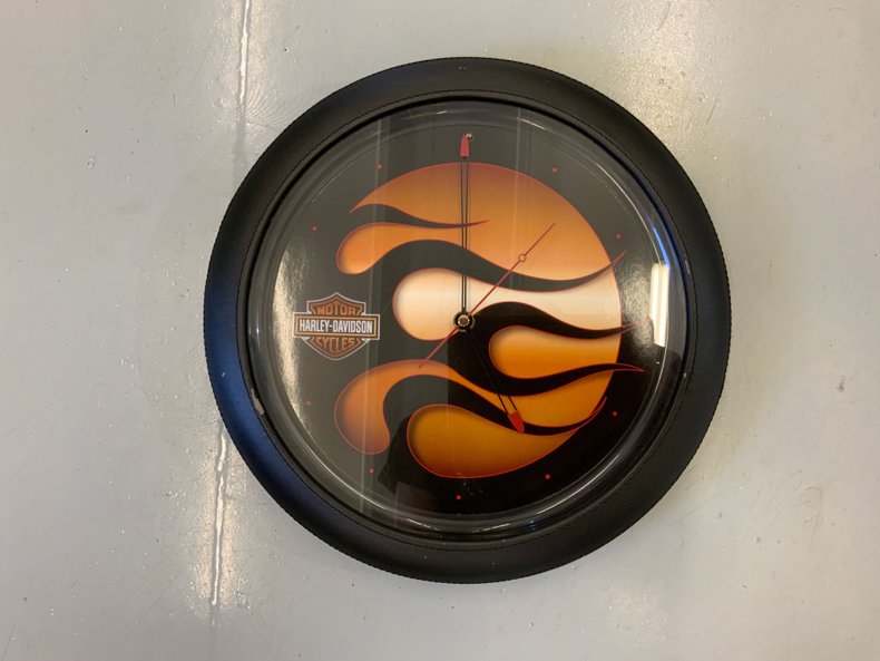 Harley-Davidson Black Flames & Orange Wall Clock with Leather-Style Trim #2