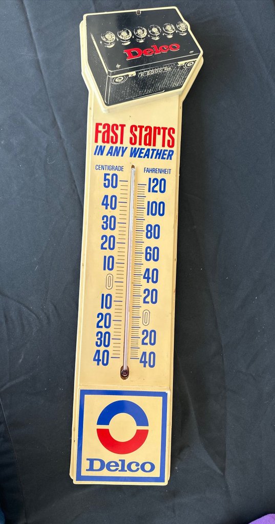 Vintage Delco Battery Plastic Thermometer Sign
