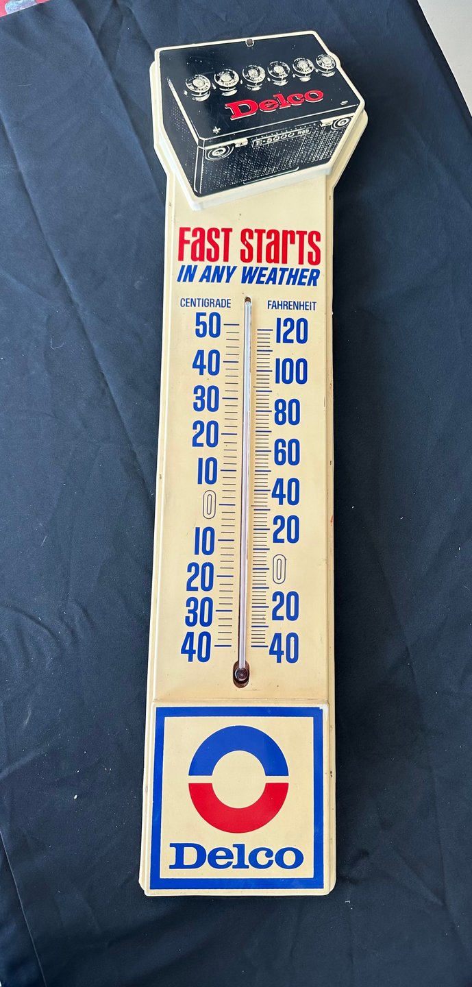 Vintage Delco Battery Plastic Thermometer Sign