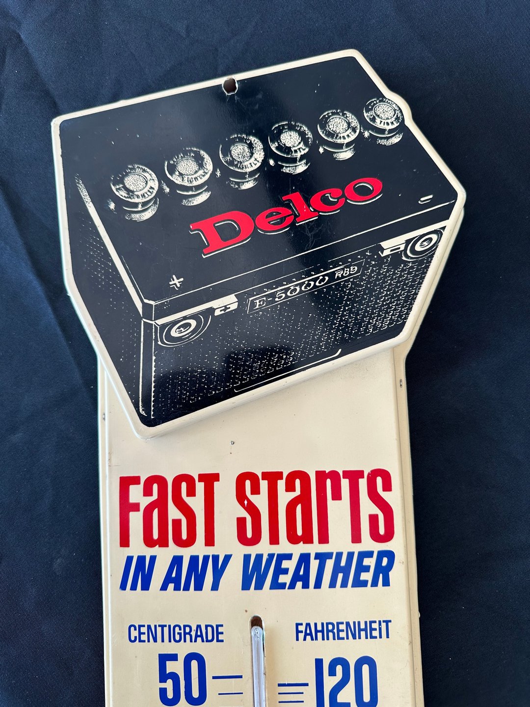 Vintage Delco Battery Plastic Thermometer Sign