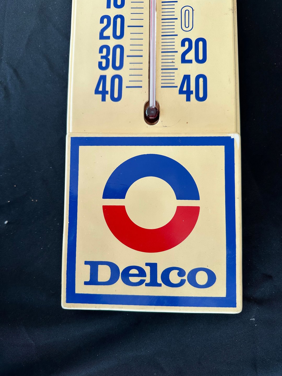 Vintage Delco Battery Plastic Thermometer Sign