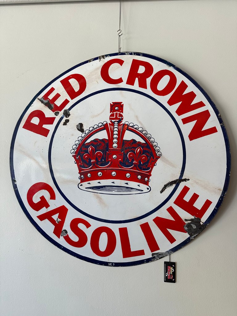 Vintage Red Crown Gasoline Porcelain Enamel Sign - 42" Round